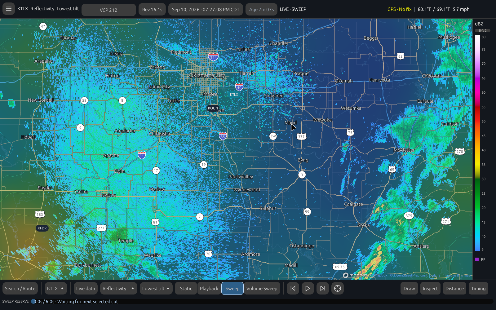 Thunder Radar workspace showing weather layers, Oklahoma roads and playback controls.